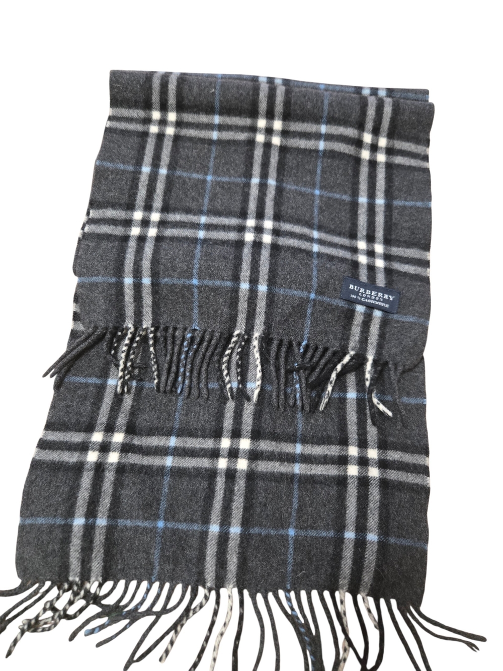 Burberry Gray Plaid Cashmere Scarf with Blue Accent